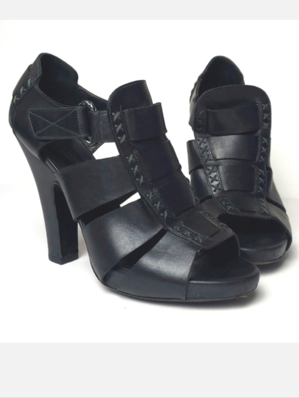 Bottega Veneta Black Leather Heel Strappy Woven Peep Toe Size 6 / 36